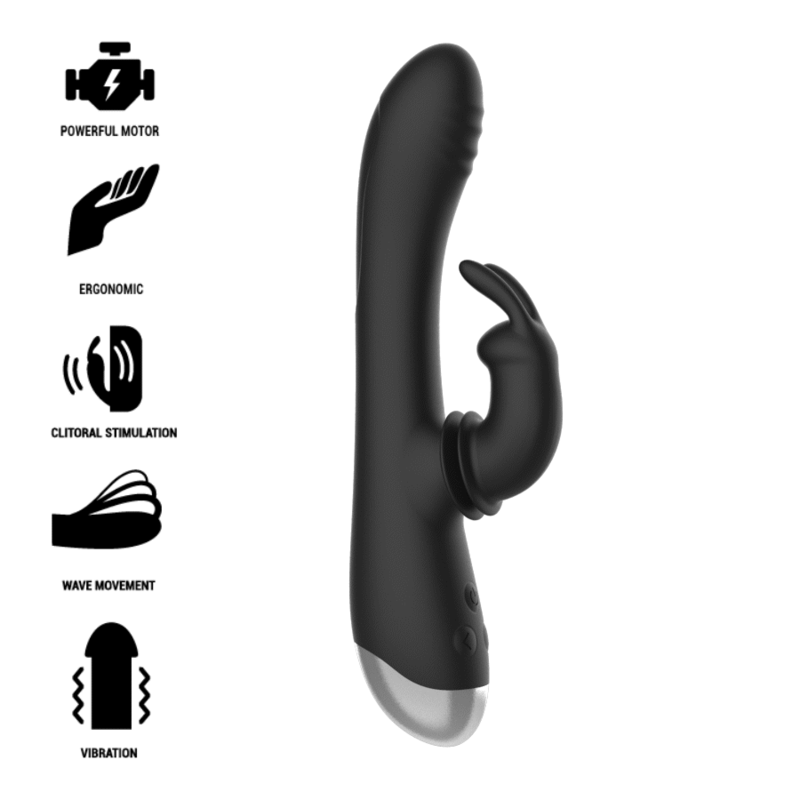 Experience intense pleasure with the Black Silver Adam Rabbit Stimulator. Dual motors, flexible silicone, G-spot & clitoral stimulation, waterproof, and up to 4 hours of use.1